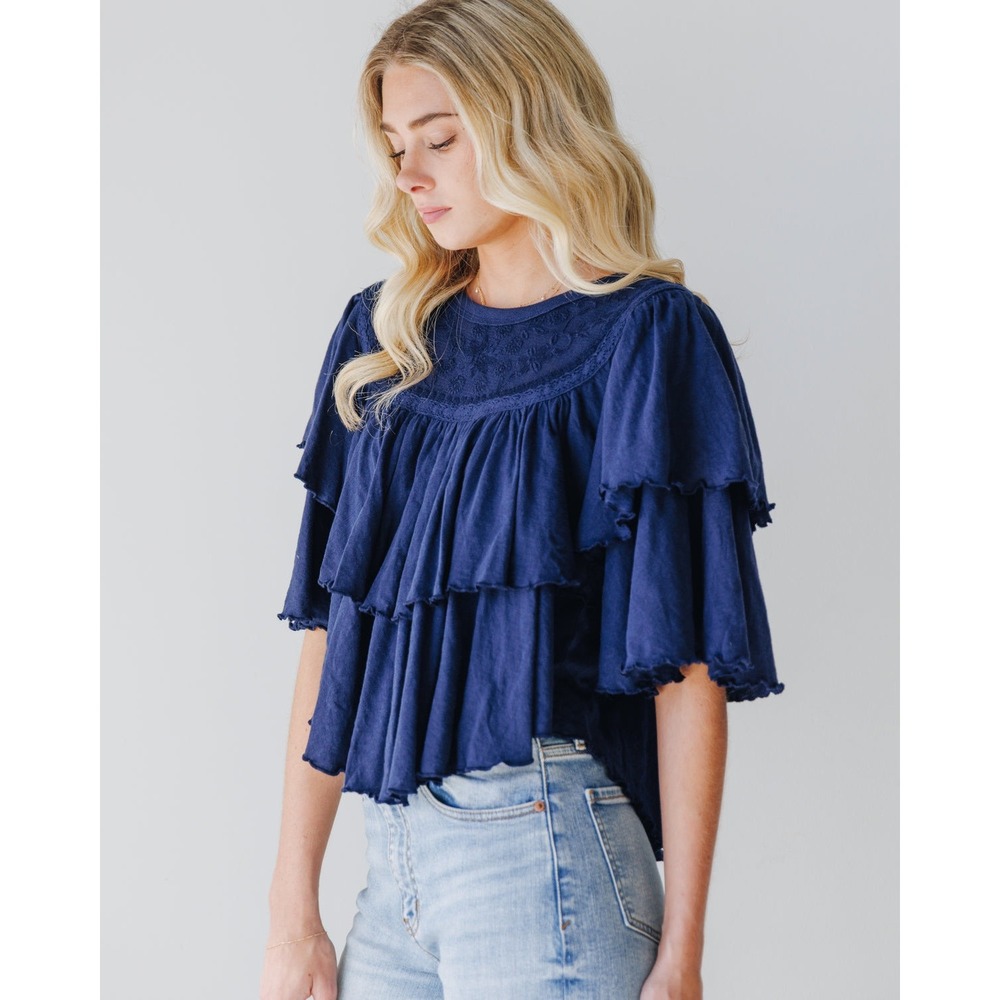 Free People Rose Party Tee Ruffle Top M Blue Embroidered Tiered Flutter Sleeve